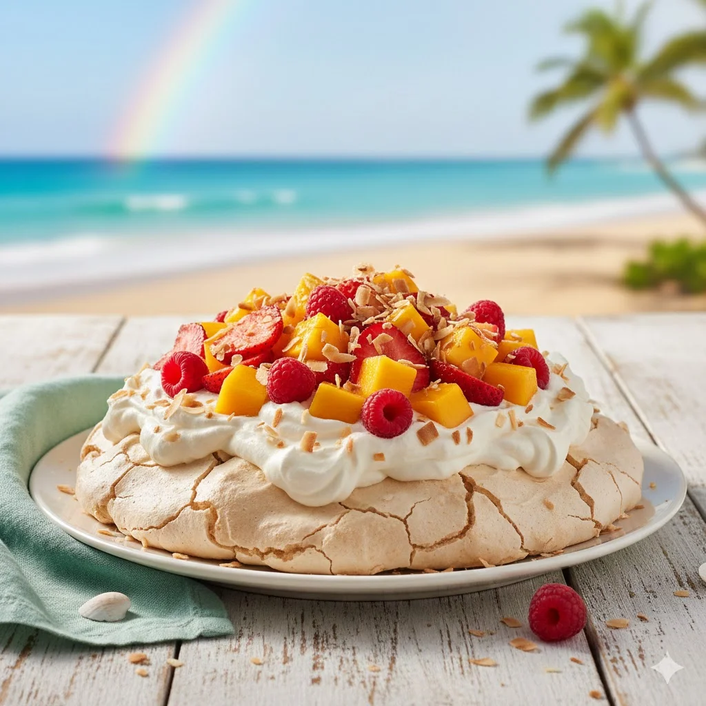 Surf, Sun & Rainbows Coconut-Mango Pavlova
